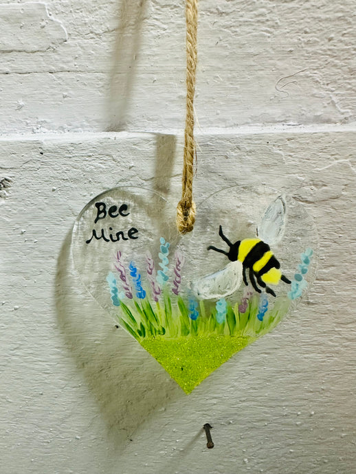 fused glass hanging heart with bee and bee mine quote 