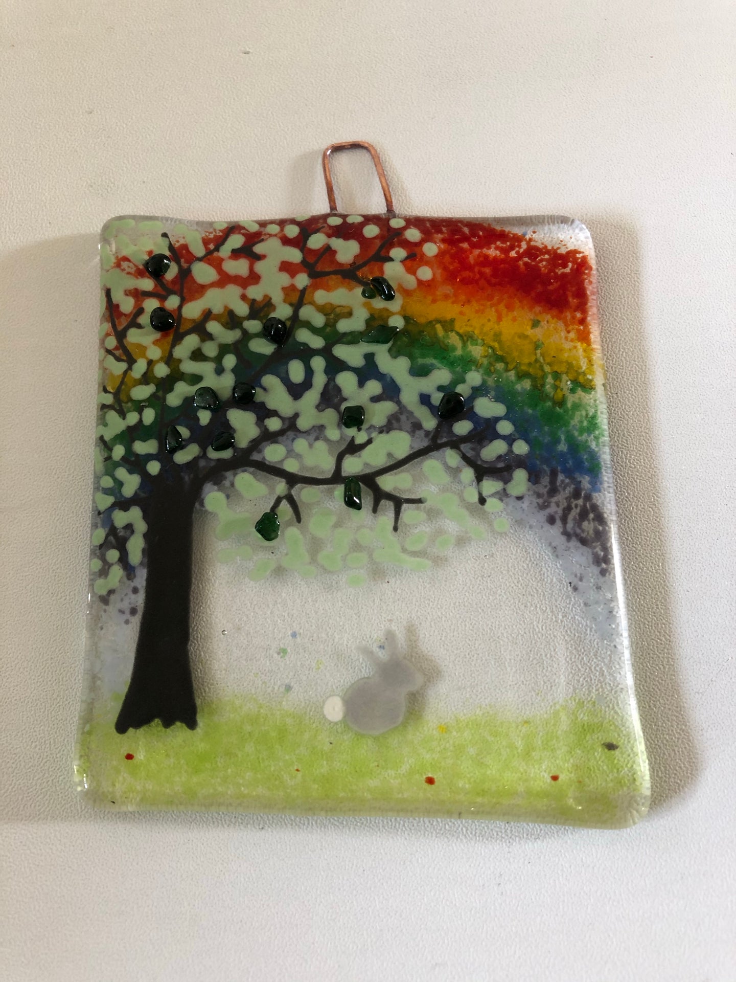 Handmade fused glass hanger with rainbow and bunny detail 