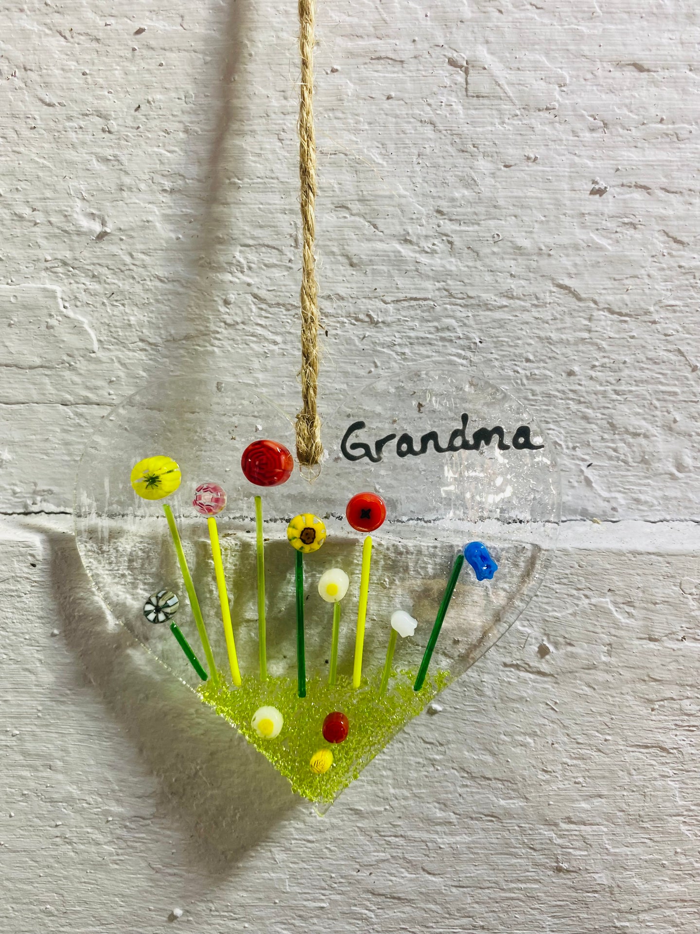 Handmade fused glass hanging heart with Grandma and flower detail 