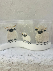 handmade fused glass self standing Valais black nosed sheep winters snow