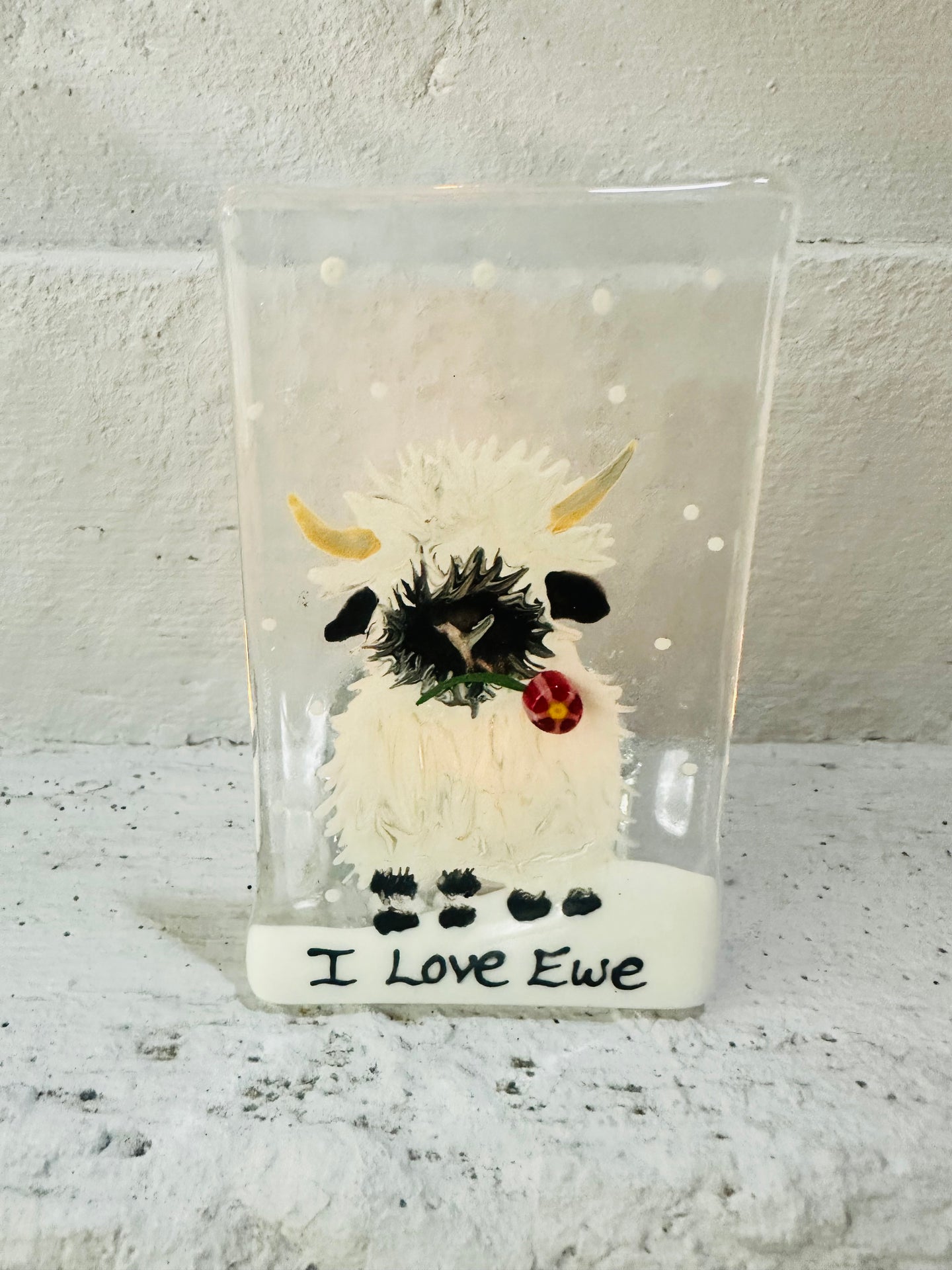 Fused glass valais  black nosed sheep tealight holder 