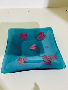 Fused Glass Large Teal Copper Heart Dish