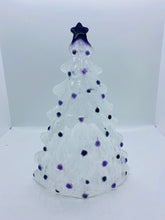 Load image into Gallery viewer, Handmade fused glass self standing Christmas tree in clear and royal purple 