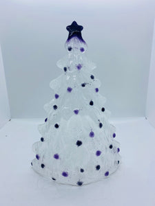 Handmade fused glass self standing Christmas tree in clear and royal purple 