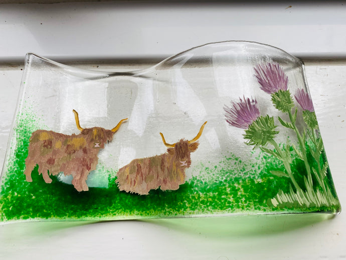 Handmade fused glass self standing highland cow and thistle 