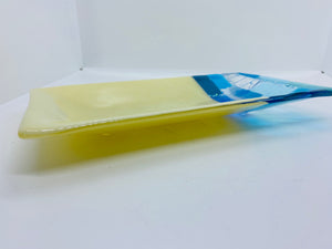 Handmade fused glass dish in cream with blue patchwork 