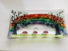 Load image into Gallery viewer, Handmade fused glass soap dish / trinket tray with rainbow and hedgehog detail 