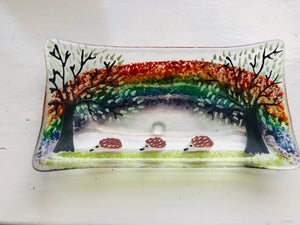 Handmade fused glass soap dish / trinket tray with rainbow and hedgehog detail 