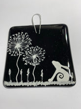 Load image into Gallery viewer, Handmade fused glass purple hanger with moon hare detail and dandelion detail 