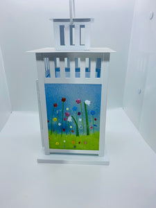 Handmade fused glass large lantern with meadow flower 3d detail 