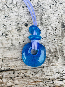handmade fused glass blue square necklace with bead detail 