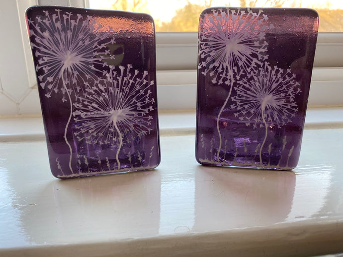 Handmade fused glass purple tealight holder with dandelion detail  