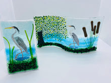 Load image into Gallery viewer, Handmade fused glass tealight holder with riverbank and heron detail 