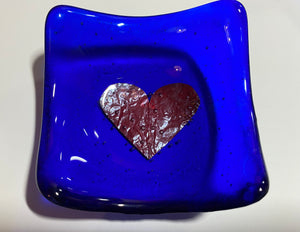 handmade fused glass copper heart trinket tray/ dish 