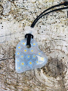 Handmade fused glass heart necklace with forget me knot detail 