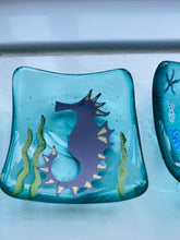 Load image into Gallery viewer, Handmade fused glass deep dish / tealight holder / trinket tray with seahorse detail 