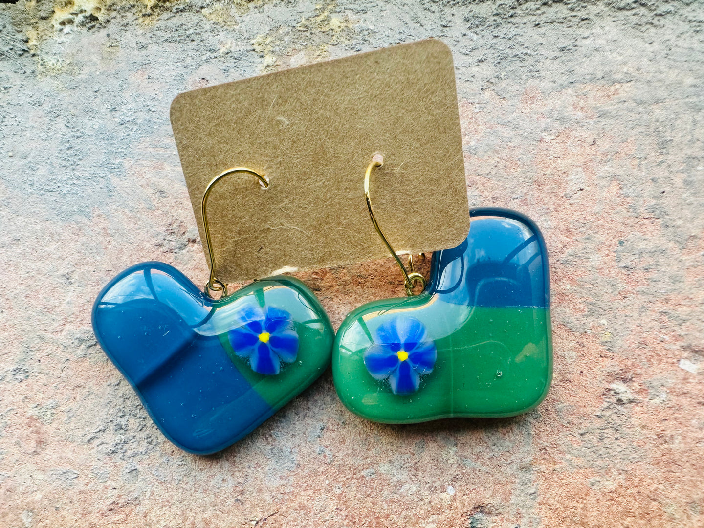 Real & Blue Flower Heart Drop Fused Glass Earrings