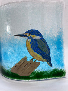 Fused Glass Kingfisher river bank self standing glass