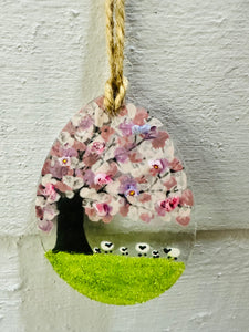 Handmade fused glass Easter Egg with blossom tree and sheep detail 
