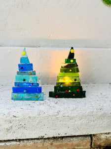 Fused Glass Icy Striped Christmas Tree TeaLight Holder