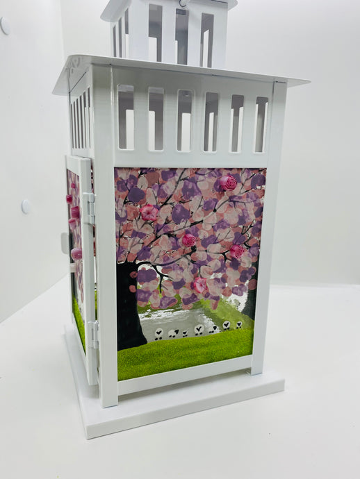 Handmade fused glass spring blossom sheep lantern 