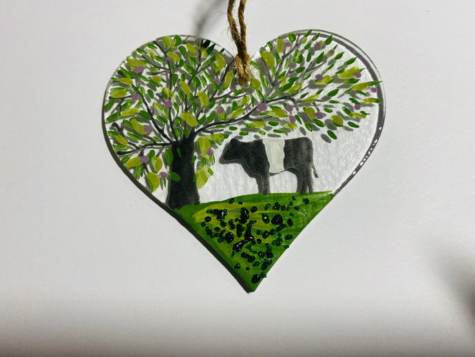 handmade fused glass hanging heart with  belted Galloway detail 