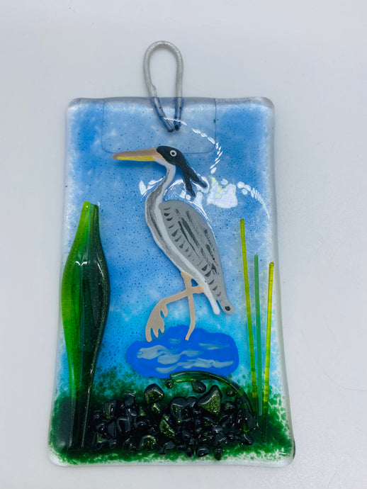 Handmade fused glass heron hanger 