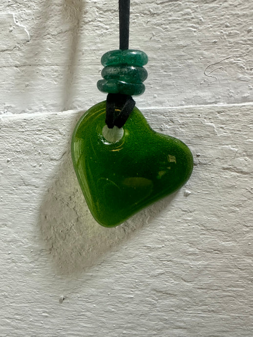 Handmade fused glass lime green heart pendant with bead detail 