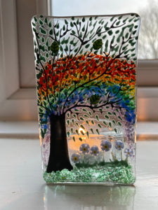 Handmade Fused glass forget me knot rainbow tealight holder 