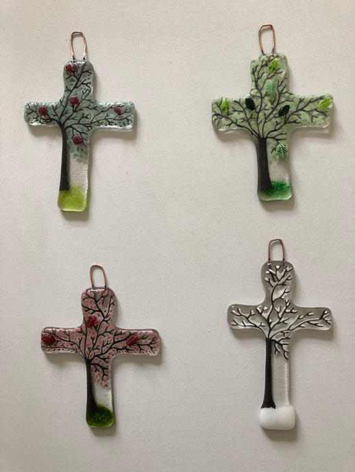 handmade fused glass four season cross 