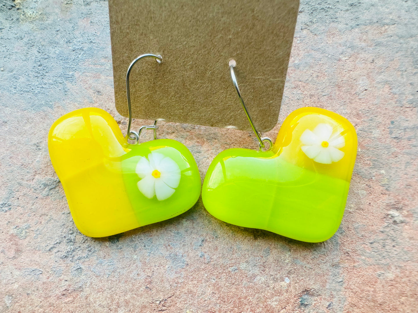 Yellow & Green Flower Heart Drop Fused Glass Earrings