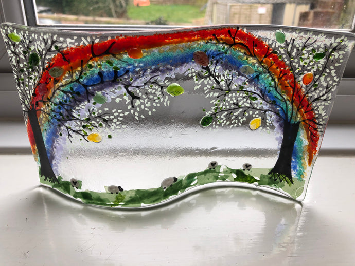 Handmade fused glass self standing glass with rainbow sheep detail 