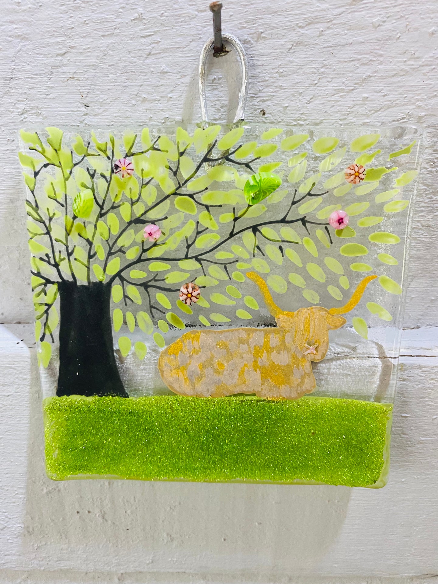 Fused glass highland cow wall hanger 