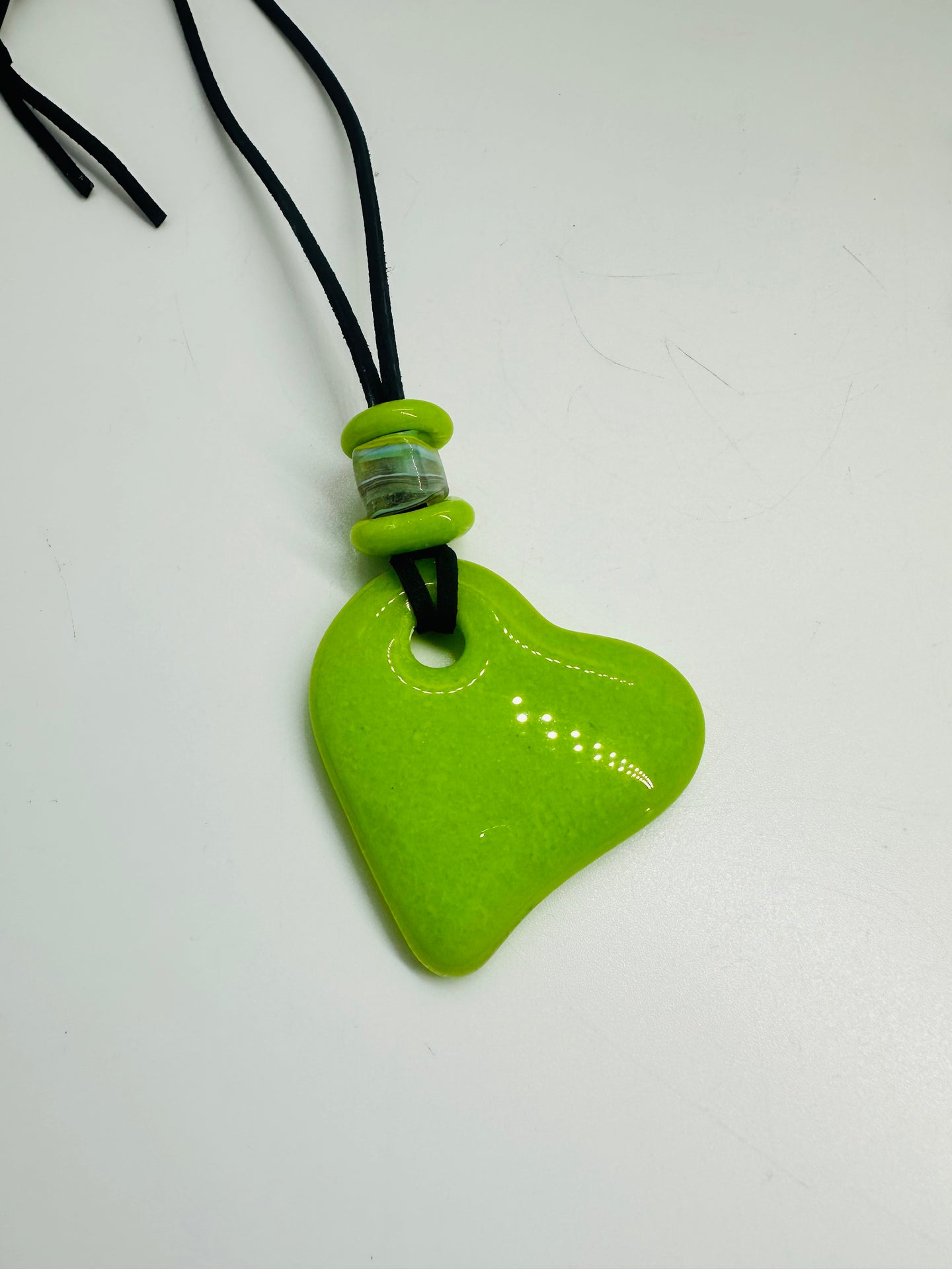 Handmade fused glass lime green heart with bead detail necklace 