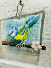 Load image into Gallery viewer, Handmade fused glass blue tit wall hanger with blossom detail 