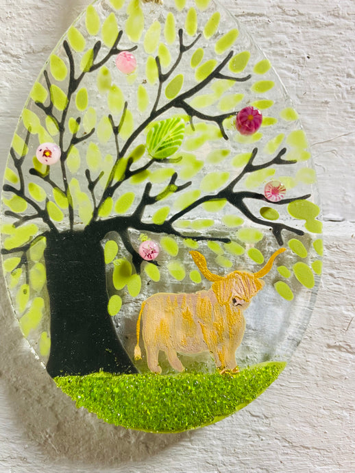 Handmade fused glass Easter egg with highland cow detail 
