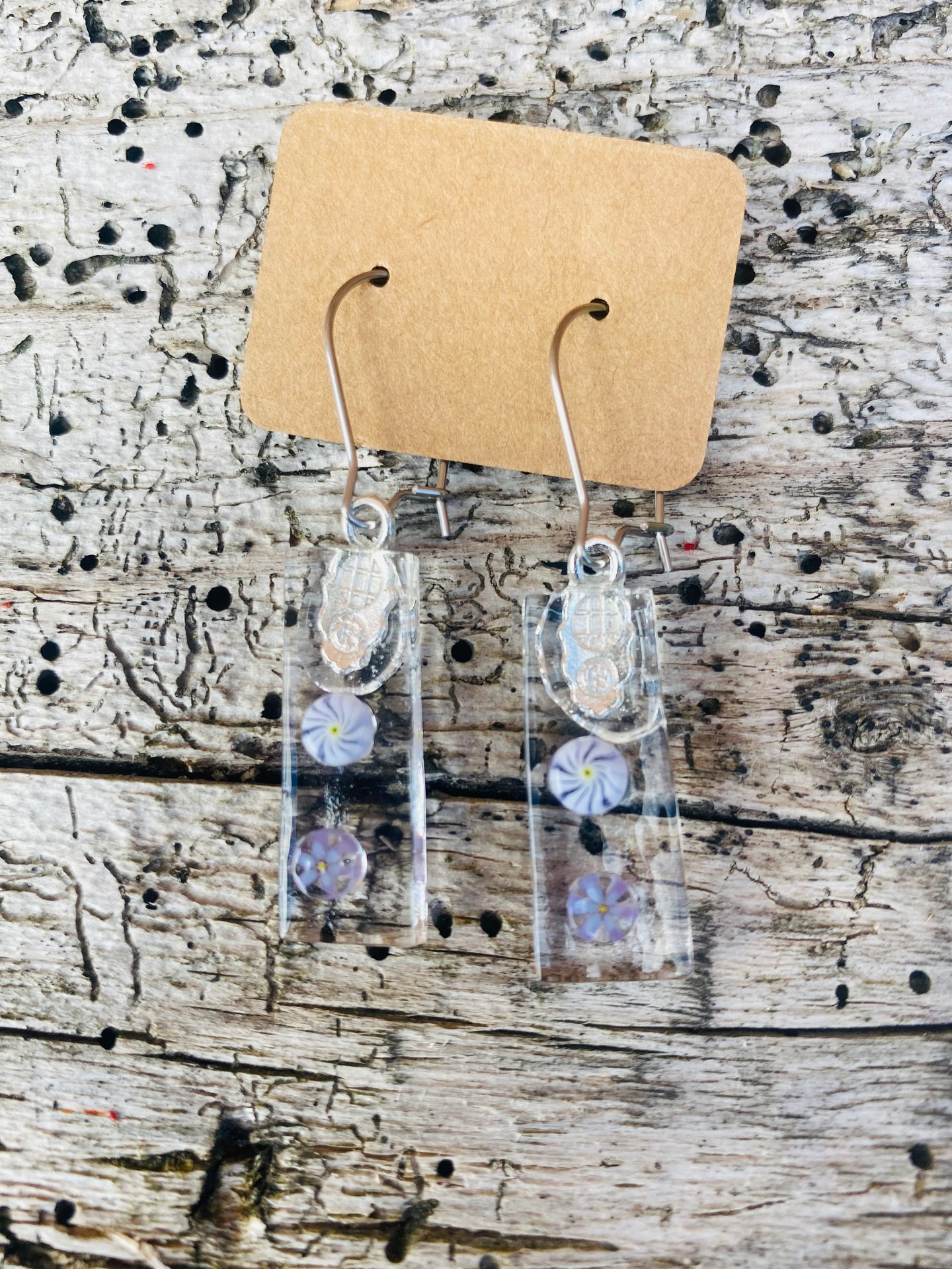 Purple blue flower Drop Fused Glass Earrings
