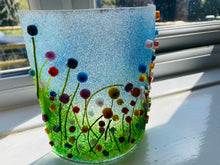 Load image into Gallery viewer, Handmade fused glass candle curve with 3d flower meadow detail 