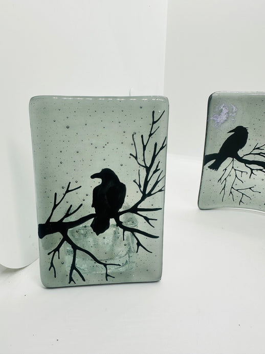 handmade fused glass corvid tealight holder 