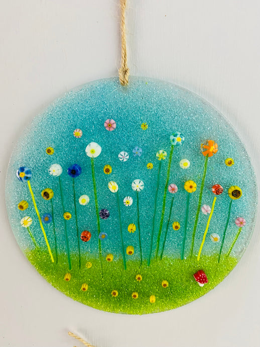 Fused Glass large round with meadow flower 3d detail 