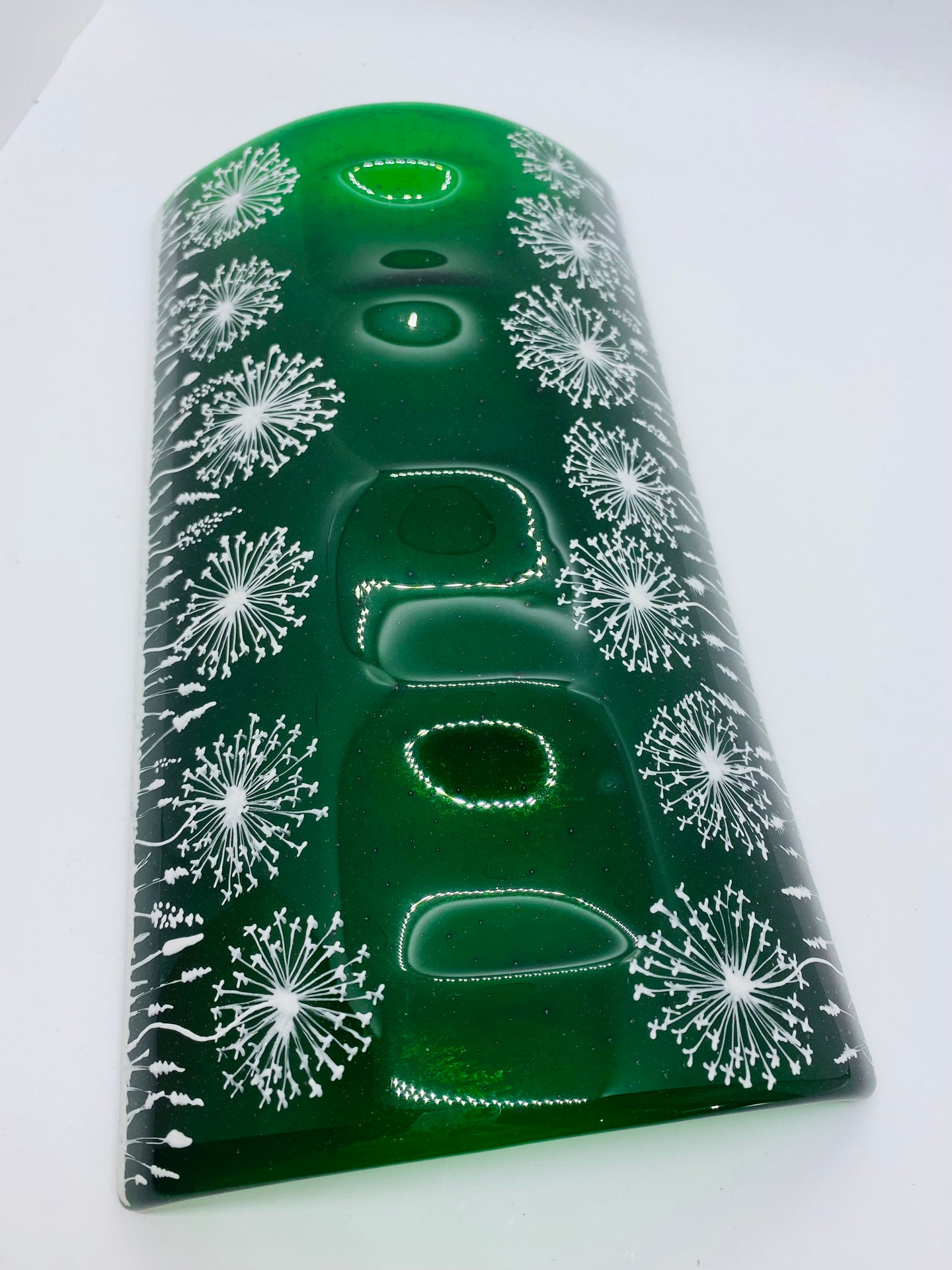 Handmade fused glass emerald green dandelion candle arch  