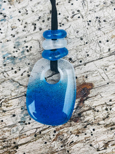 Handmade fused glass necklace pendant in blue fade with bead detail 