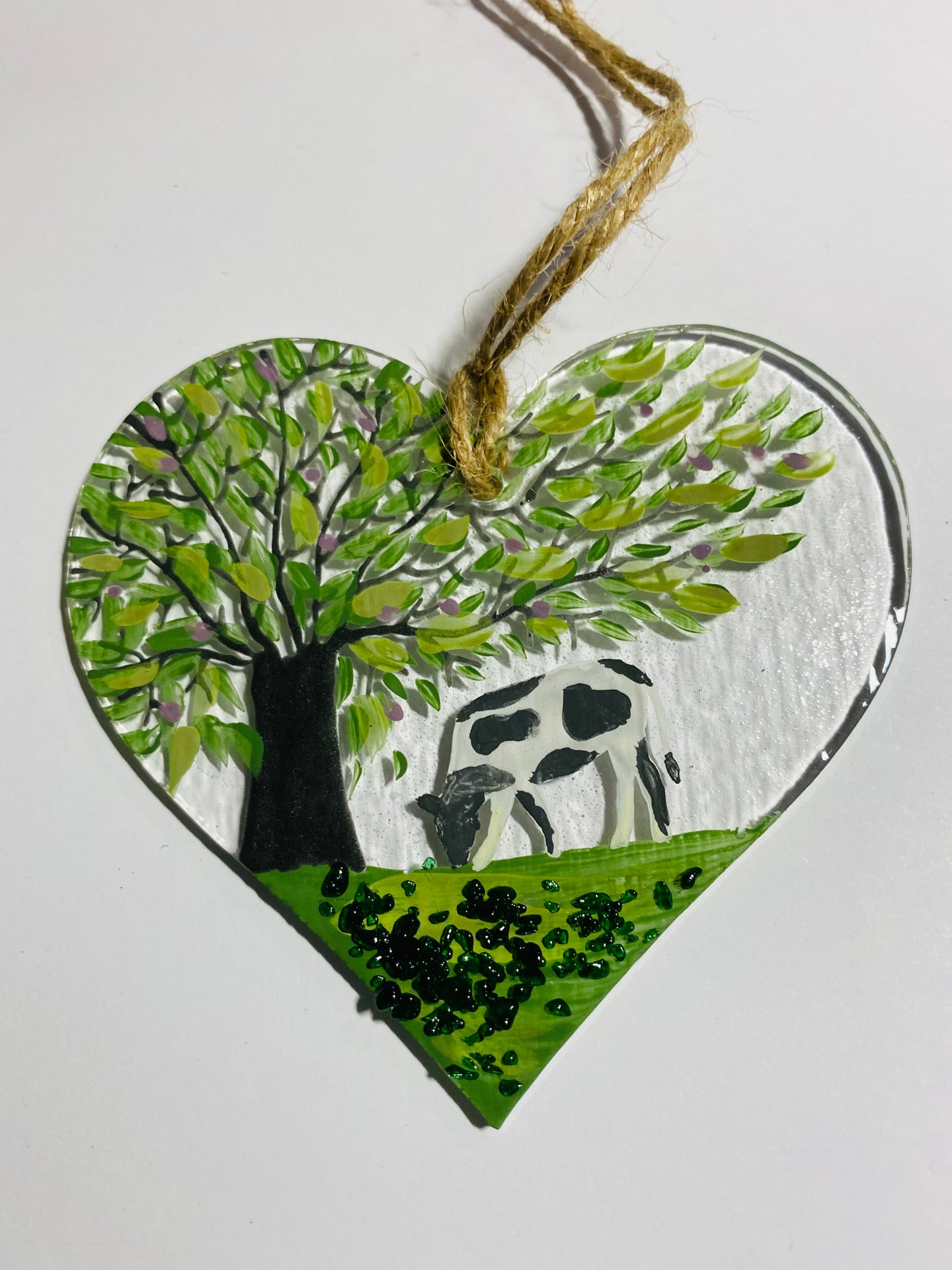 handmade fused glass cow heart hanger 