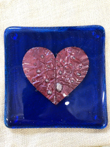 Set of two Handmade Fused Glass & Copper Hearts Coasters