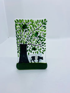 Handmade fused glass belted Galloway cow tealight holder  
