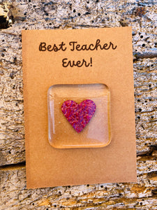 Handmade fused glass pocket token  / pocket hug with copper heart  and best ever teacher quote comes with linen bag perfect teacher gift 