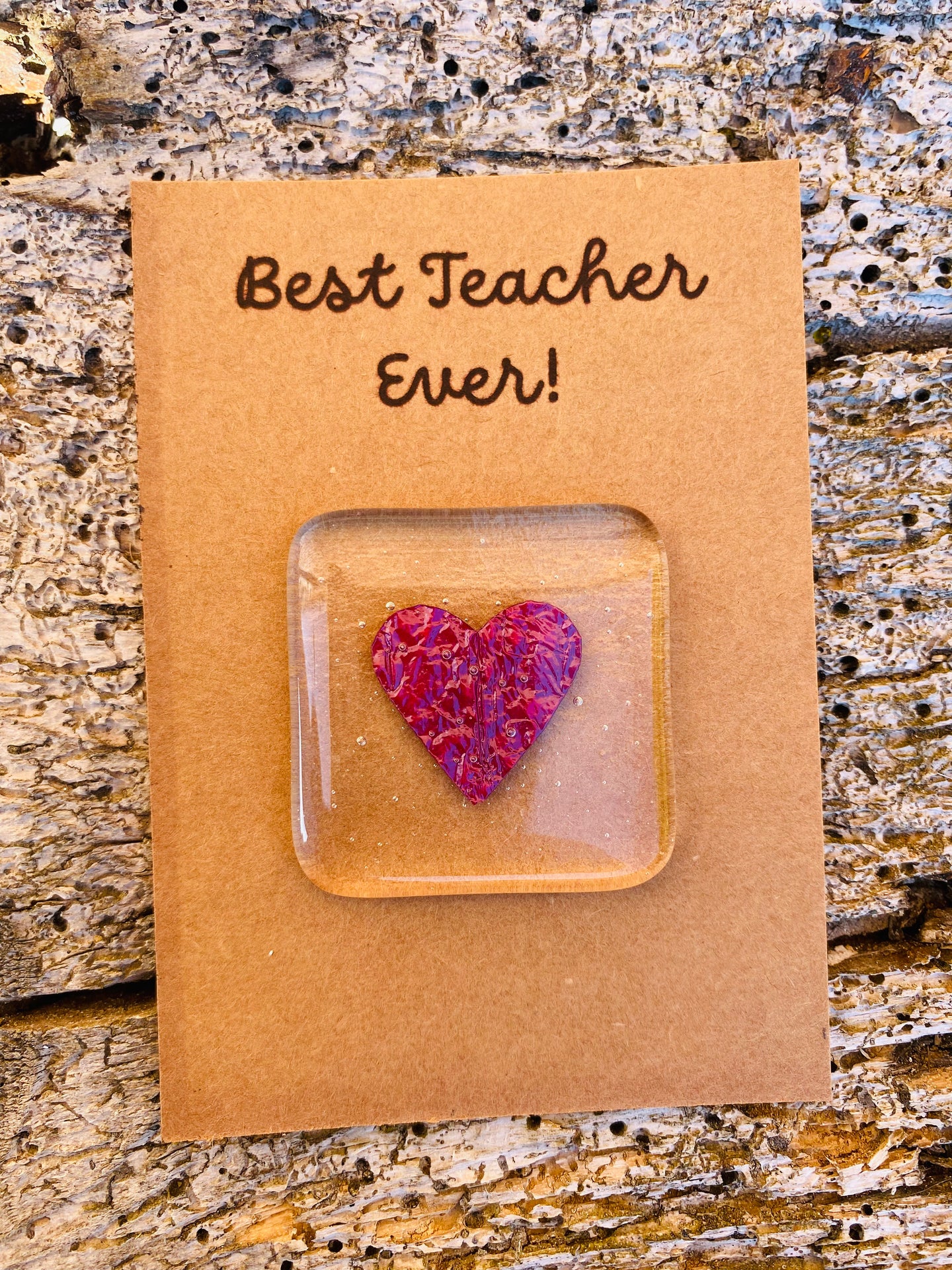 Handmade fused glass pocket token  / pocket hug with copper heart  and best ever teacher quote comes with linen bag perfect teacher gift 