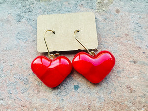 Small Red Heart Drop Fused Glass Earrings