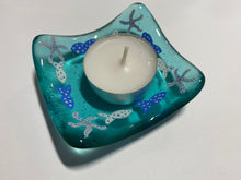 Load image into Gallery viewer, Handmade fused glass deep dish / tealight holder / trinket tray with fish and star fish detail 