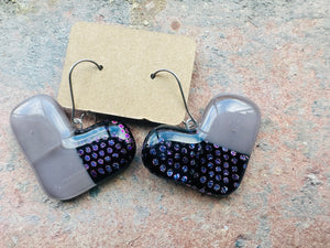 Dusky purple & Dotty dicro Heart Drop Fused Glass Earrings
